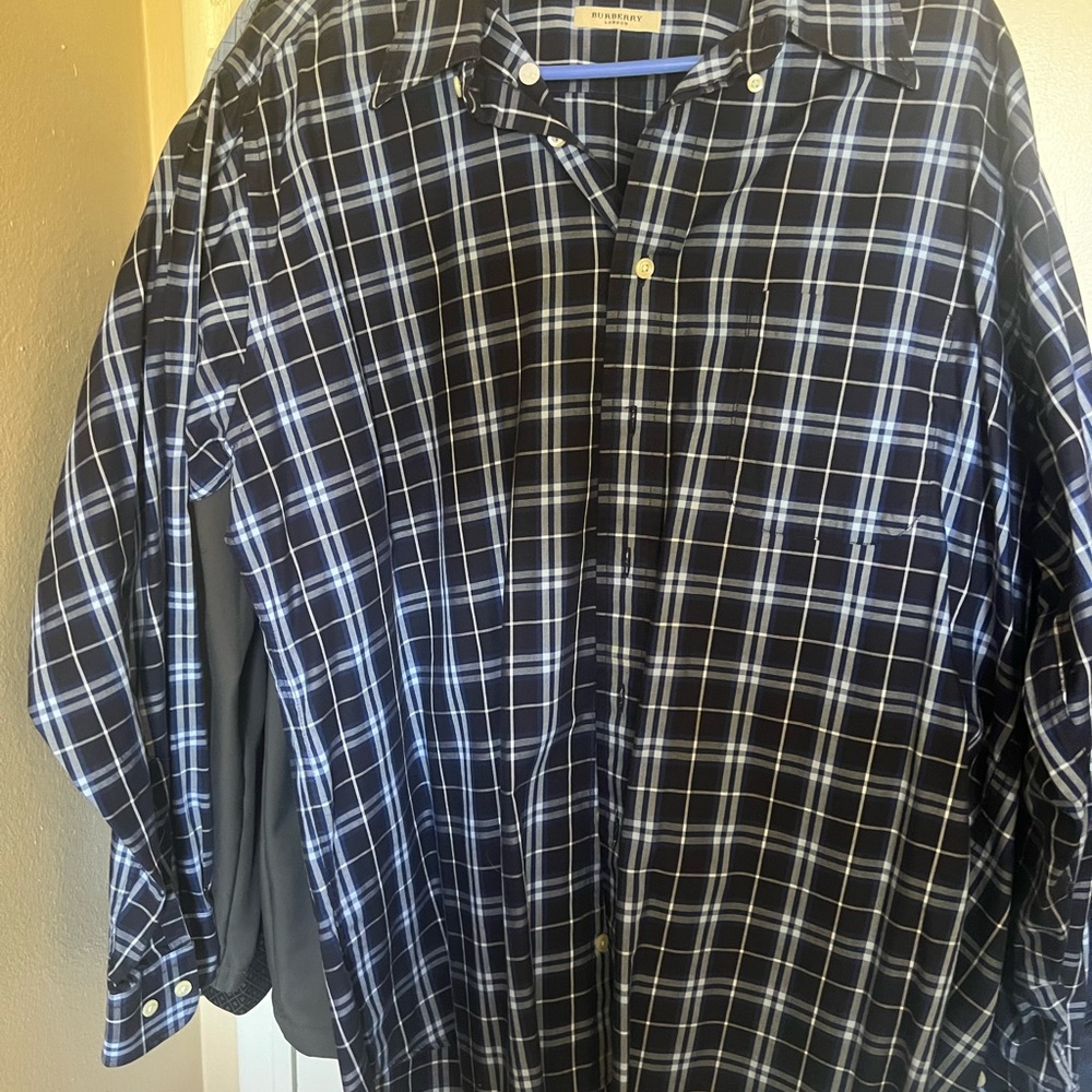 Burberry Navy and White Plaid Button Down Shirt
